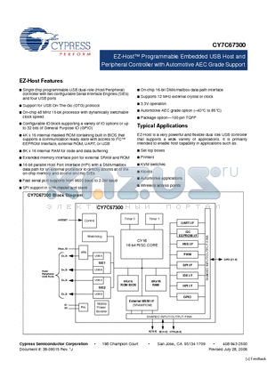 CY7C67300-100AXI datasheet - EZ-Host Programmable Embedded USB Host and Peripheral Controller with Automotive AEC Grade Support