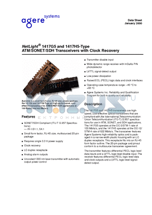 1417G5A datasheet - NetLight 1417G5 and 1417H5-Type ATM/SONET/SDH Transceivers with Clock Recovery