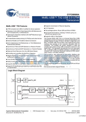 CY7C68000A-56BAXC datasheet - MoBL-USB TX2 USB 2.0 UTMI Transceiver