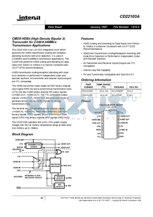 CD22103AE datasheet - CMOS HDB3 High Density Bipolar 3 Transcoder for 2.048/8.448Mb/s Transmission Applications