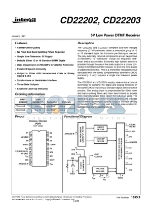 CD22202 datasheet - 5V Low Power DTMF Receiver