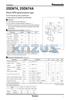 2SD874A datasheet - Silicon NPN epitaxial planer type(For low-frequency power amplification)