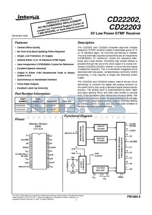 CD22202E datasheet - 5V Low Power DTMF Receiver