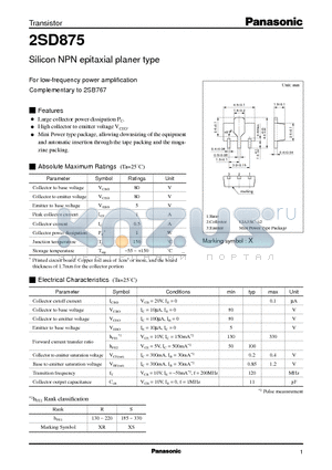 2SD875 datasheet - Silicon NPN epitaxial planer type(For low-frequency power amplification)
