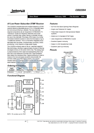 CD22204E datasheet - 5V Low Power Subscriber DTMF Receiver