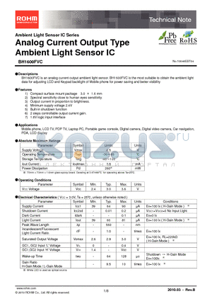 BH1600FVC datasheet - Analog Current Output Type Ambient Light Sensor IC