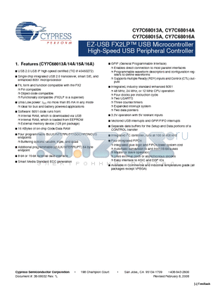 CY7C68013A-56LFXI datasheet - EZ-USB FX2LP USB Microcontroller High-Speed USB Peripheral Controller