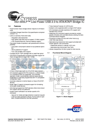 CY7C68310 datasheet - ISD-300LP Low-Power USB 2.0 to ATA/ATAPI Bridge IC