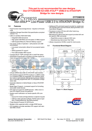 CY7C68310-80AC datasheet - ISD-300LP Low-Power USB 2.0 to ATA/ATAPI Bridge IC