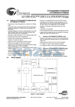 CY7C68321B datasheet - EZ-USB AT2LPTM USB 2.0 to ATA/ATAPI Bridge