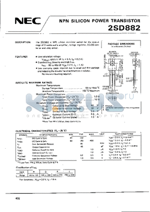 2SD882 datasheet - NPN(for the output stage of 3 watts audio amplifier, voltage regulator, DC-DC converter and relay driver)