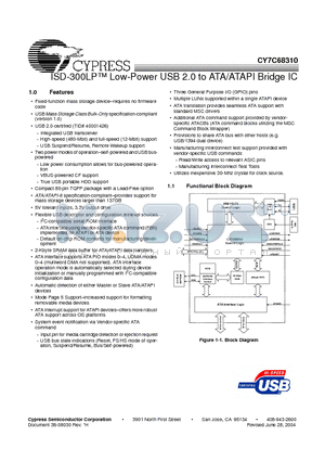 CY7C68310-80AXC datasheet - ISD-300LP Low-Power USB 2.0 to ATA/ATAPI Bridge IC