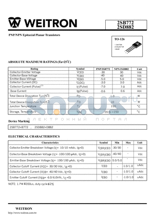 2SD882 datasheet - PNP/NPN Epitaxial Planar Transistors