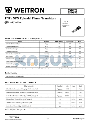 2SD882 datasheet - PNP / NPN Epitaxial Planar Transistors