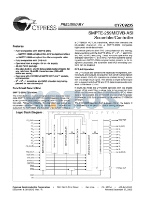 CY7C9235-400JC datasheet - SMPTE-259M/DVB-ASI Scrambler/Controller