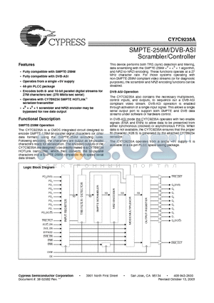 CY7C9235A datasheet - SMPTE-259M/DVB-ASI Scrambler/Controller