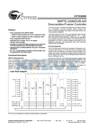 CY7C9335 datasheet - SMPTE-259M/DVB-ASI Descrambler/Framer-Controller