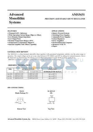 AMS3431 datasheet - PRECISION ADJUSTABLE SHUNT REGULATOR