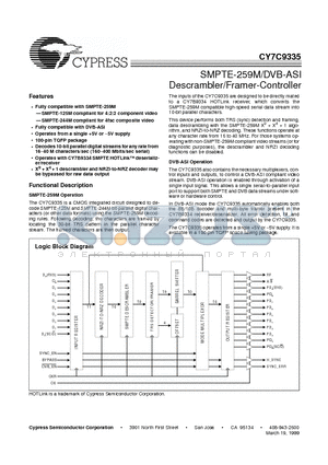 CY7C9335-400AC datasheet - SMPTE-259M/DVB-ASI Descrambler/Framer-Controller