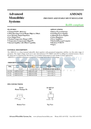 AMS3431 datasheet - PRECISION ADJUSTABLE SHUNT REGULATOR