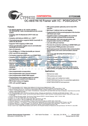 CY7C9536B-BLC datasheet - OC-48/STM-16 Framer with VC - POSIC2GVC