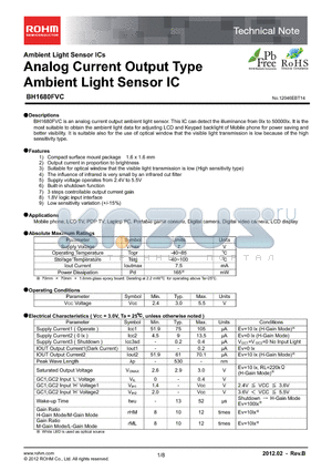 BH1680FVC-TR datasheet - Analog Current Output Type Ambient Light Sensor IC