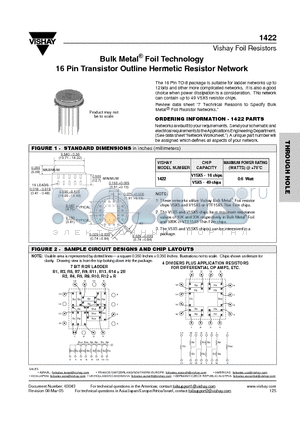 1422 datasheet - Bulk Metal^ Foil Technology 16 Pin Transistor Outline Hermetic Resistor Network