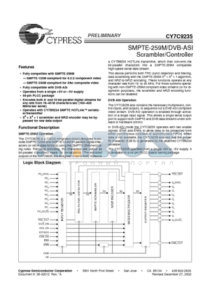 CY7C9235 datasheet - SMPTE-259M/DVB-ASI Scrambler/Controller