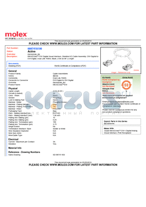 0887418100 datasheet - MicroCross DVI Digital Visual Interface, Shielded I/O Cable Assembly: DVI-Digital-to-DVI-Digital, Dual Link TMDS, Black, 2.0m (6.56) Length