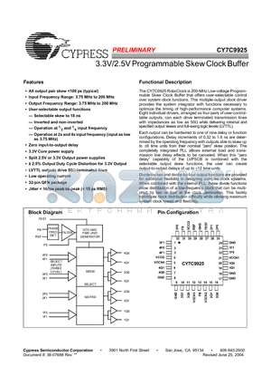 CY7C9925LFXT datasheet - 3.3V/2.5V Programmable Skew Clock Buffer