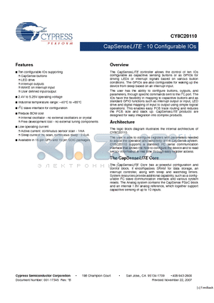 CY8C20110-SX2I datasheet - CapSenseLITE - 10 Configurable IOs