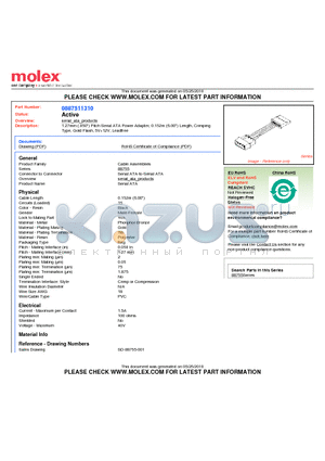 0887511310 datasheet - 1.27mm (.050) Pitch Serial ATA Power Adapter, 0.152m (6.00) Length, Crimping Type, Gold Flash, 5V12V, Leadfree