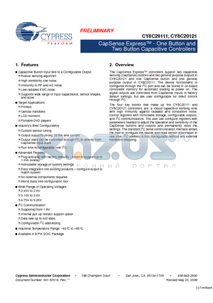 CY8C20121-SX1IT datasheet - CapSense Express-One Button and Two Button Capacitive Controllers