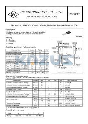 2SD882D datasheet - TECHNICAL SPECIFICATIONS OF NPN EPITAXIAL PLANAR TRANSISTOR