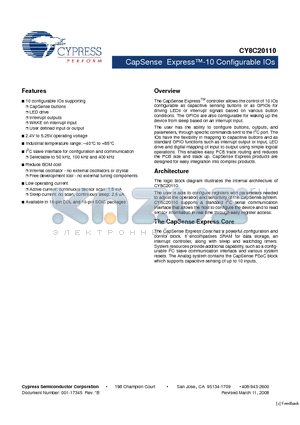 CY8C20110 datasheet - CapSense Express-10 Configurable IOs