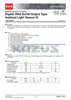 BH1750FVI datasheet - Digital 16bit Serial Output Type Ambient Light Sensor IC