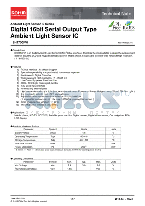 BH1750FVI-TR datasheet - Digital 16bit Serial Output Type Ambient Light Sensor IC