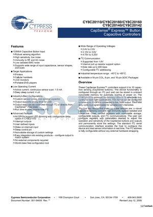 CY8C20160 datasheet - CapSense Express Button Capacitive Controllers