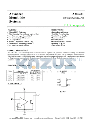 AMS421 datasheet - 0.5V SHUNT REGULATOR