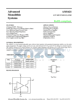 AMS421CM1 datasheet - 0.5V SHUNT REGULATOR