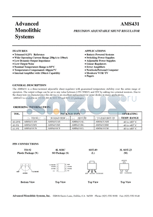 AMS431A datasheet - PRECISION ADJUSTABLE SHUNT REGULATOR