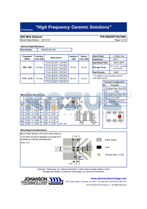 0892DP15A1940 datasheet - 892 MHz Diplexer