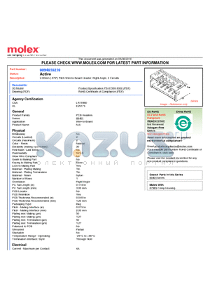 0894010210 datasheet - 2.00mm (.079) Pitch Wire-to-Board Header, Right Angle, 2 Circuits