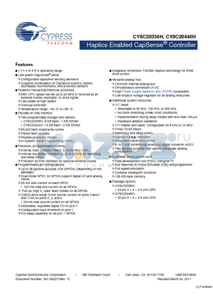 CY8C20446H-24LQXI datasheet - Haptics Enabled CapSense Controller 1.71-V to 5.5-V operating range