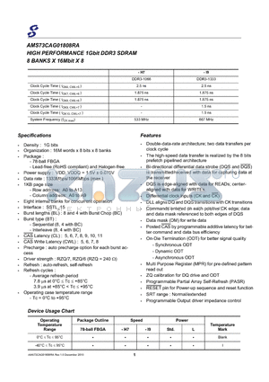 AMS73CAG01168RALJI9 datasheet - HIGH PERFORMANCE 1Gbit DDR3 SDRAM