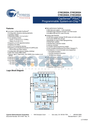 CY8C20524-12PVXI datasheet - CapSense^ PSoC^ Programmable System-on-Chip