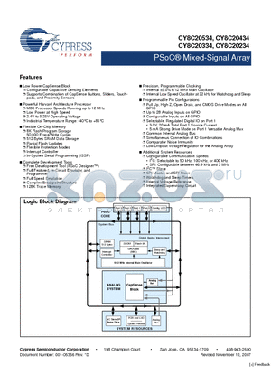 CY8C20534-12PVXI datasheet - PSoC^ Mixed-Signal Array