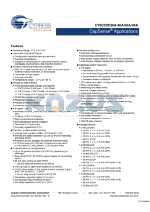 CY8C20X96A datasheet - CapSense Applications Operating Range: 1.71 V to 5.5 V