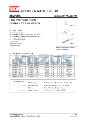 2SD965-R-T92-B datasheet - LOW VOLTAGE HIGH CURRENT TRANSISTOR