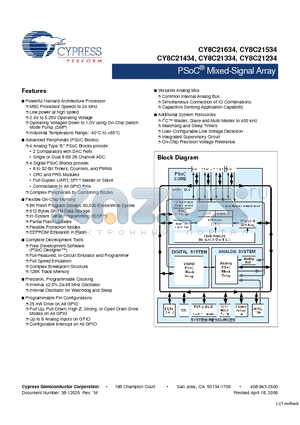CY8C21334 datasheet - PSoC^ Mixed-Signal Array